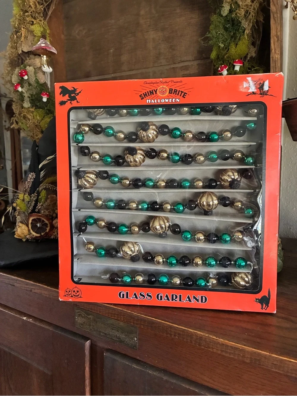 Shiny Brite Halloween Glass Garland - Teal, Gold, Black